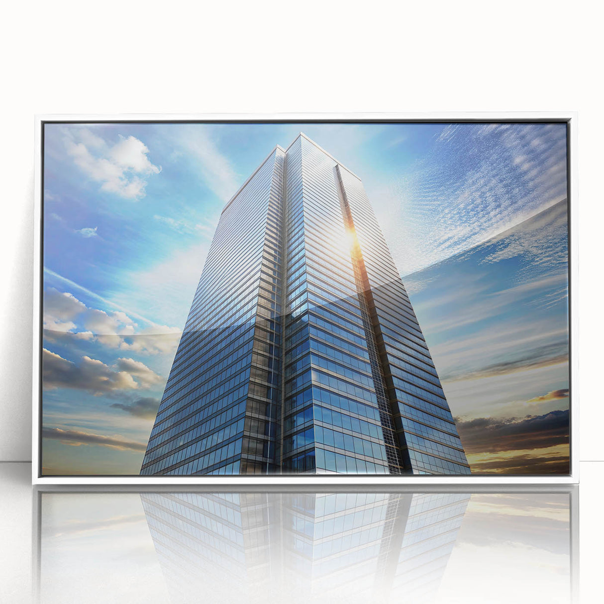 Mid-century modernist style large art print of skyscrapers, in muted gray tones on a white framed acrylic.
