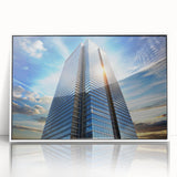 Mid-century modernist style large art print of skyscrapers, in muted gray tones on a white framed acrylic.
