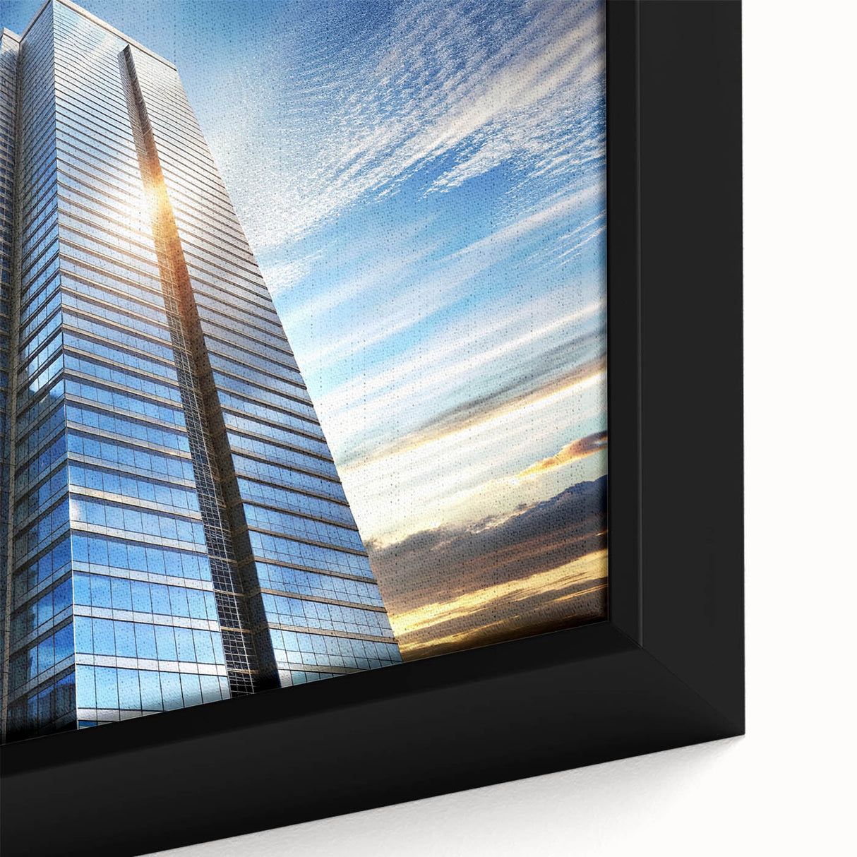 Close-up of a black wall art featuring textured, colorful skyscraper design on a framed canvas, ideal for living room decor.