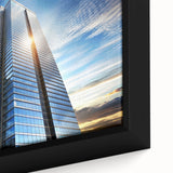 Close-up of a black wall art featuring textured, colorful skyscraper design on a framed canvas, ideal for living room decor.