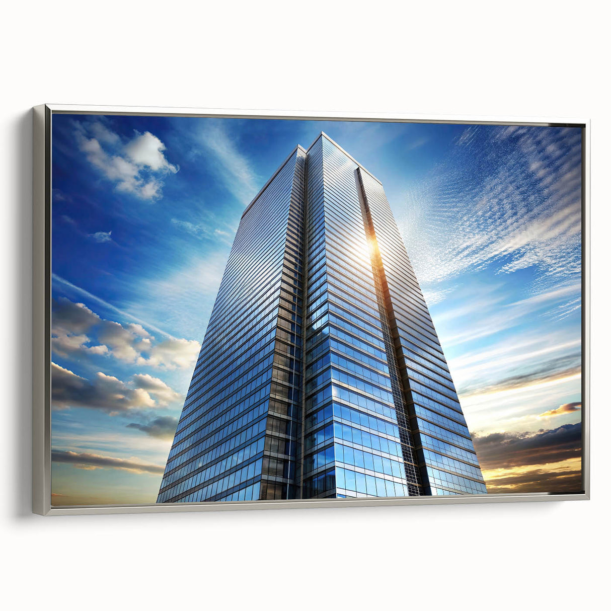 Vintage poster art of skyscraper design on framed canvas with silver accents, ideal for living room decor.