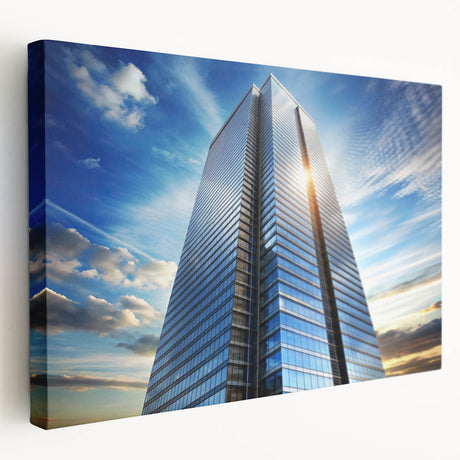 Side view of a large canvas depicting a detailed skyscraper design, ideal for kitchen wall art.