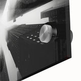 Mid-century modernist skyscraper design in muted gray and blue on large acrylic glass, ideal for dining room art.