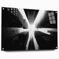 Large abstract wall art on acrylic glass depicting a skyscraper design in grayscale.