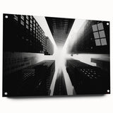 Large abstract wall art on acrylic glass depicting a skyscraper design in grayscale.