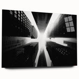 Large abstract wall art featuring a skyscraper design in muted metallic tones on acrylic glass.