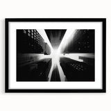 Colorful abstract art print of skyscrapers on a textured canvas, framed in black, ideal for living room decor.
