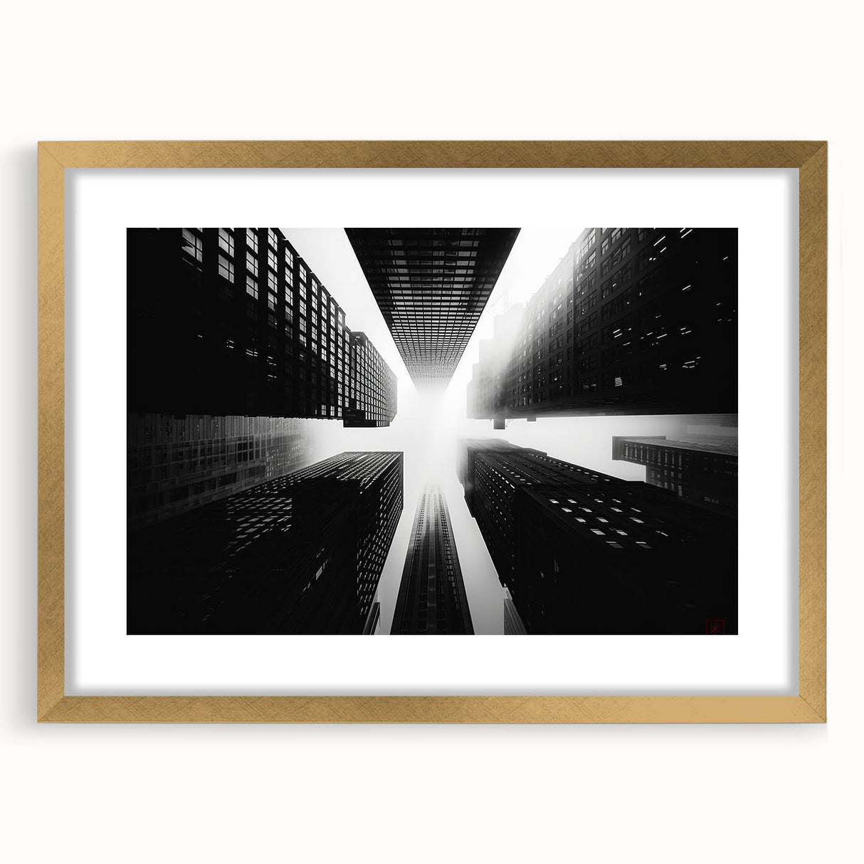 Textured art print of abstract skyscrapers in muted gold tones on a framed canvas, suitable for bedroom decor.