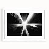 Extra large abstract art print featuring textured skyscraper designs in muted grayscale, framed with a white mat.
