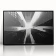 Large abstract wall art of a skyscraper in black and white, framed acrylic, ideal for modern office decor.