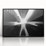 Large abstract wall art of a skyscraper in black and white, framed acrylic, ideal for modern office decor.