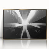 Mid-century modernist art of a skyscraper design in gold tones on framed acrylic, suitable for modern art wall decor.