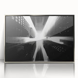 Art deco style skyscraper design in silver and gray tones on a framed acrylic, suitable for modern art wall decor.