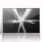 Large art print of a mid-century modernist skyscraper in neutral tones on white acrylic, ideal for modern art wall decor.