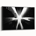 Black and white framed canvas featuring a vintage poster art style skyscraper landscape, ideal for bedroom wall decor.