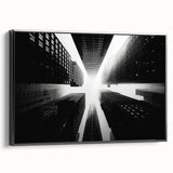 Black and white framed canvas featuring a vintage poster art style skyscraper landscape, ideal for bedroom wall decor.