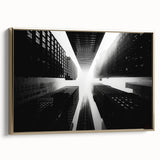Framed canvas of a vintage skyscraper design in black with colorful accents, ideal for office decor.