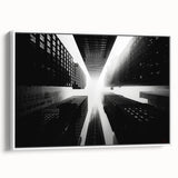 Framed canvas featuring a black and white vintage poster of a skyscraper, suitable for bedroom wall art.