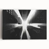 Black and white photo of skyscrapers on stretched canvas, suitable for kitchen wall art.