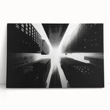 Black and white large art print of skyscrapers on stretched canvas, ideal for kitchen wall art or bedroom ambiance.