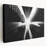 Side view of a large canvas featuring a grayscale architectural skyscraper design, suitable for kitchen wall art.