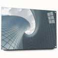 Acrylic glass print of a large abstract skyscraper design in cool gray tones, ideal for modern bedroom or dining room decor.
