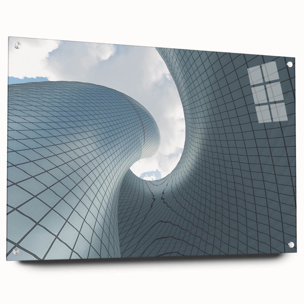 Acrylic glass print of a large abstract skyscraper design in cool gray tones, ideal for modern bedroom or dining room decor.