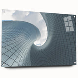 Acrylic glass print of a large abstract skyscraper design in cool gray tones, ideal for modern bedroom or dining room decor.