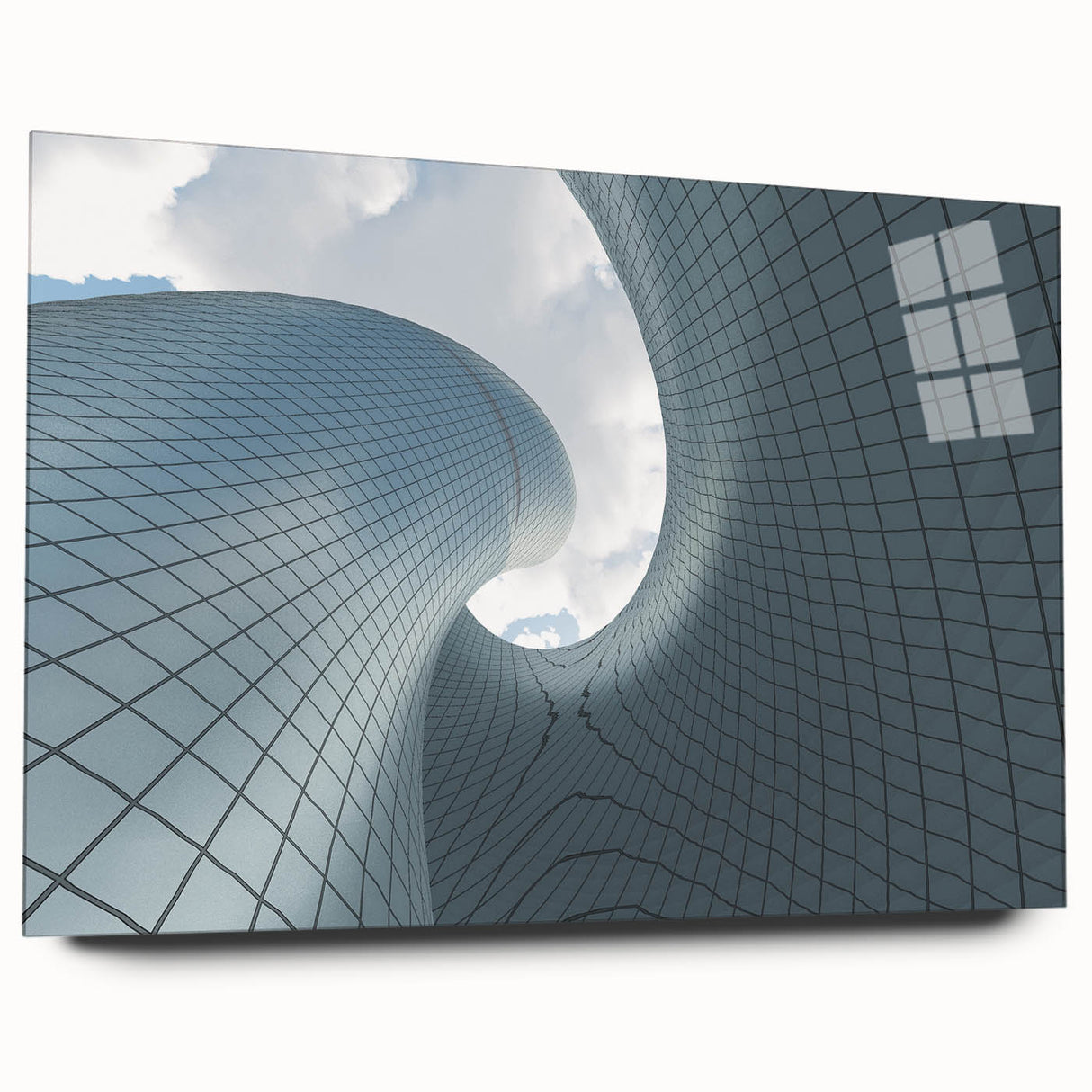 Acrylic print of a large abstract skyscraper design in monochrome, ideal for modern bedroom or dining room art.