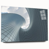 Acrylic print of a large abstract skyscraper design in monochrome, ideal for modern bedroom or dining room art.