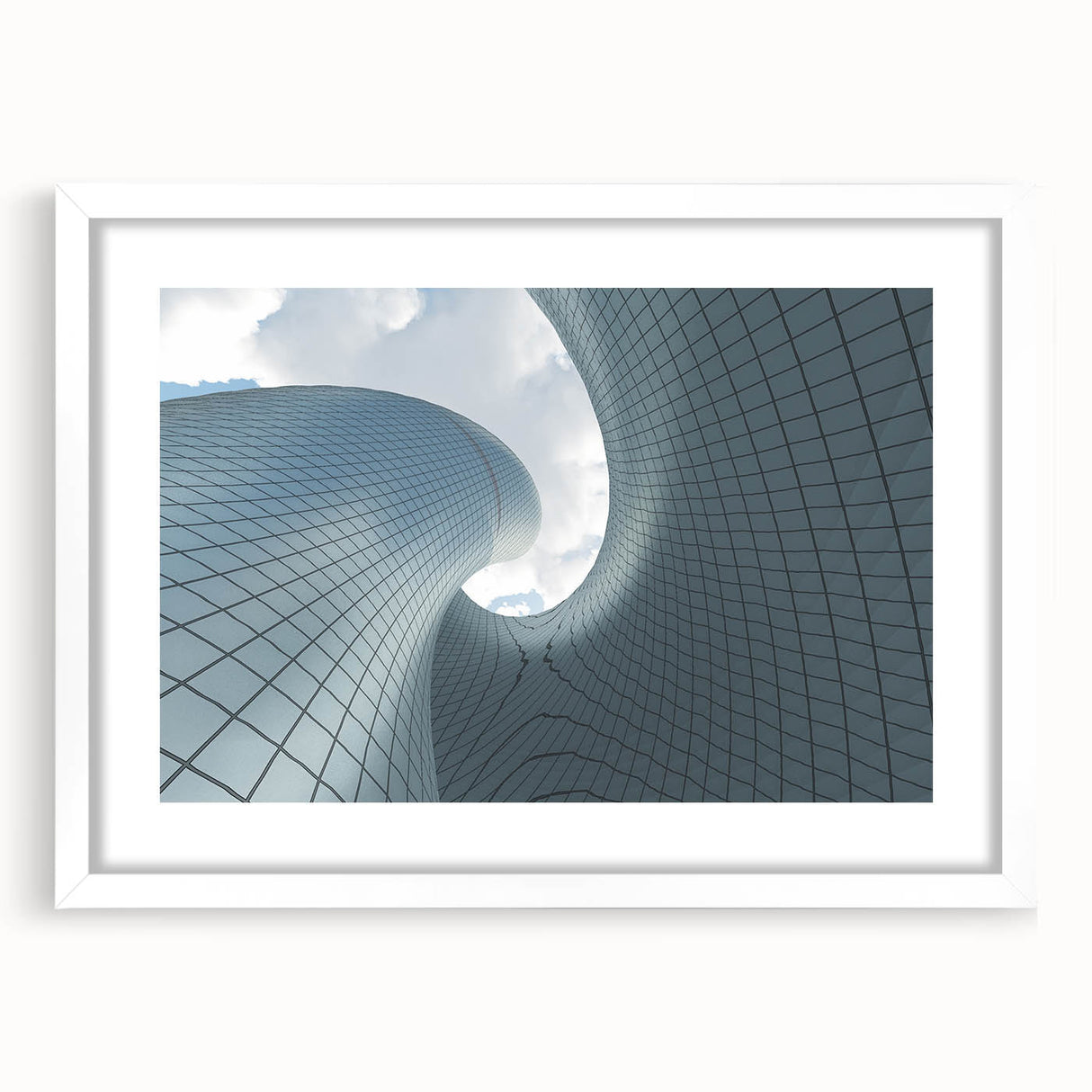Extra large abstract art print featuring textured skyscraper design in muted gray tones on a white framed canvas.