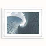 Extra large abstract art print featuring textured skyscraper design in muted gray tones on a white framed canvas.