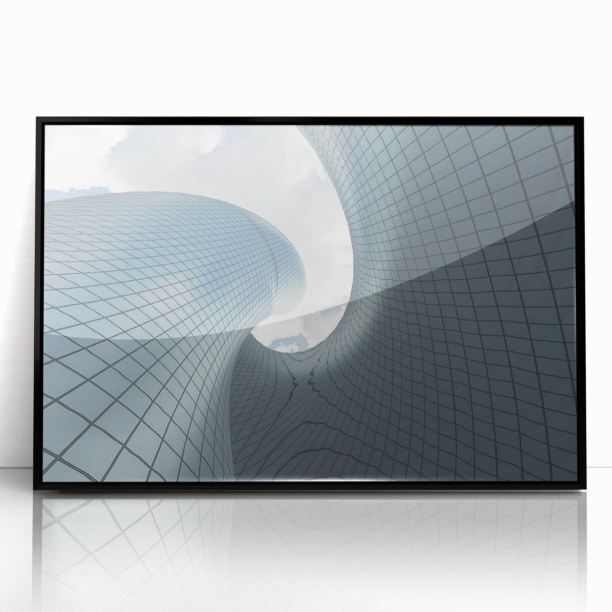 Large abstract wall art depicting a skyscraper, in muted gray and black tones on framed acrylic.