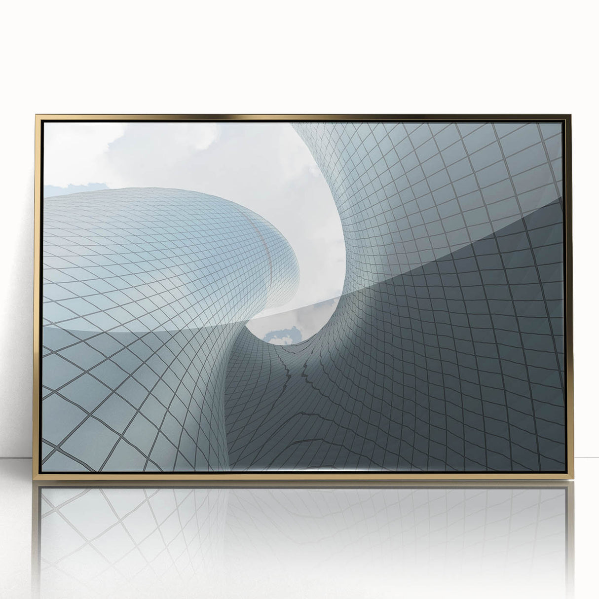 Mid-century modernist skyscraper design in gold and black tones on a framed acrylic, ideal for modern art wall decor.