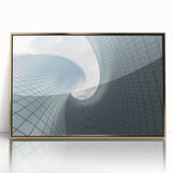 Mid-century modernist skyscraper design in gold and black tones on a framed acrylic, ideal for modern art wall decor.