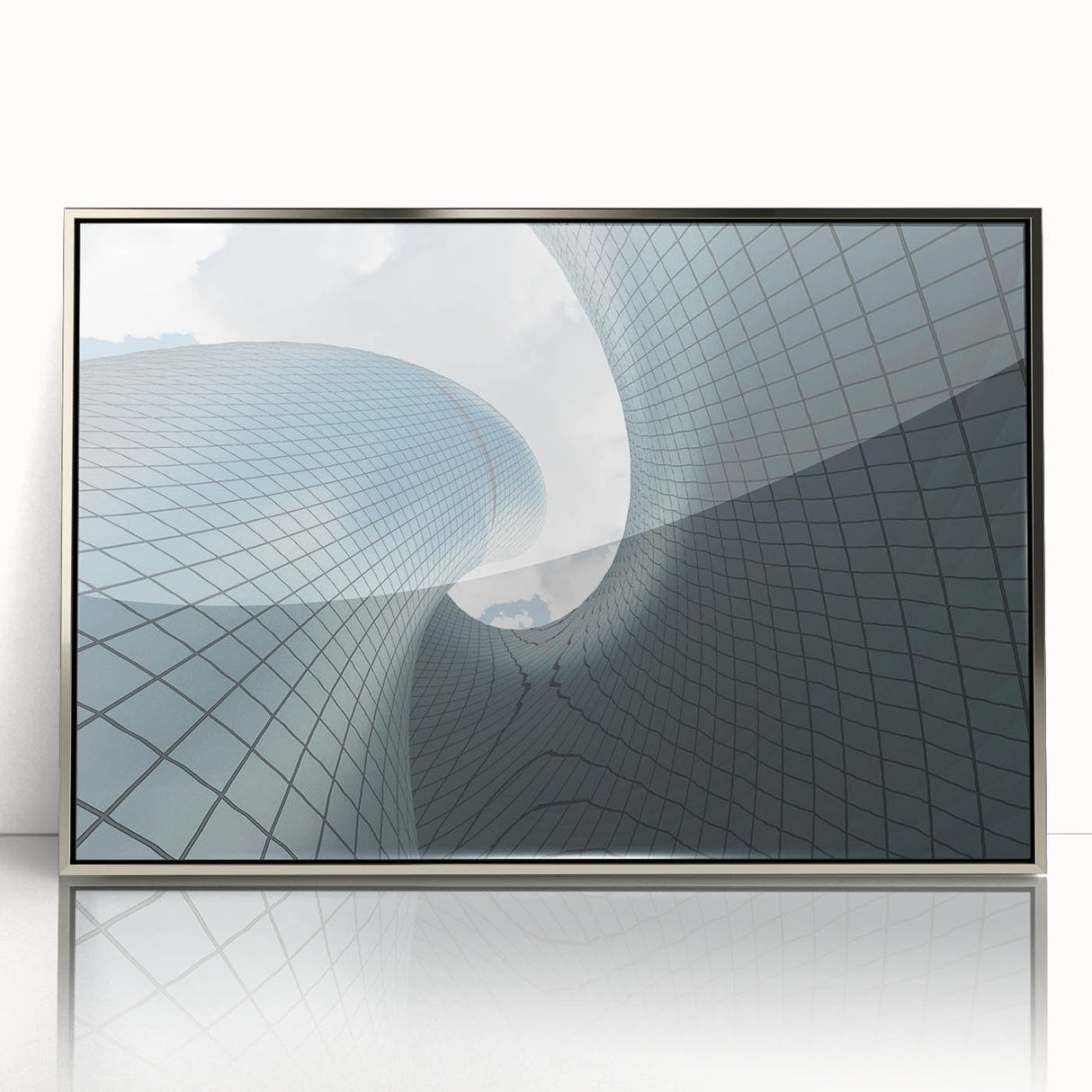 Art deco style skyscraper design in muted metallic tones on a framed acrylic, ideal for modern art wall decor.