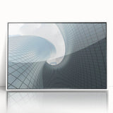Mid-century modernist skyscraper design in black and white on framed acrylic, suitable for modern art wall decor.