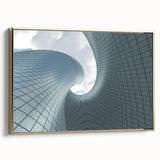 Framed canvas of a vintage poster featuring a black skyscraper design with colorful accents, ideal for office decor.