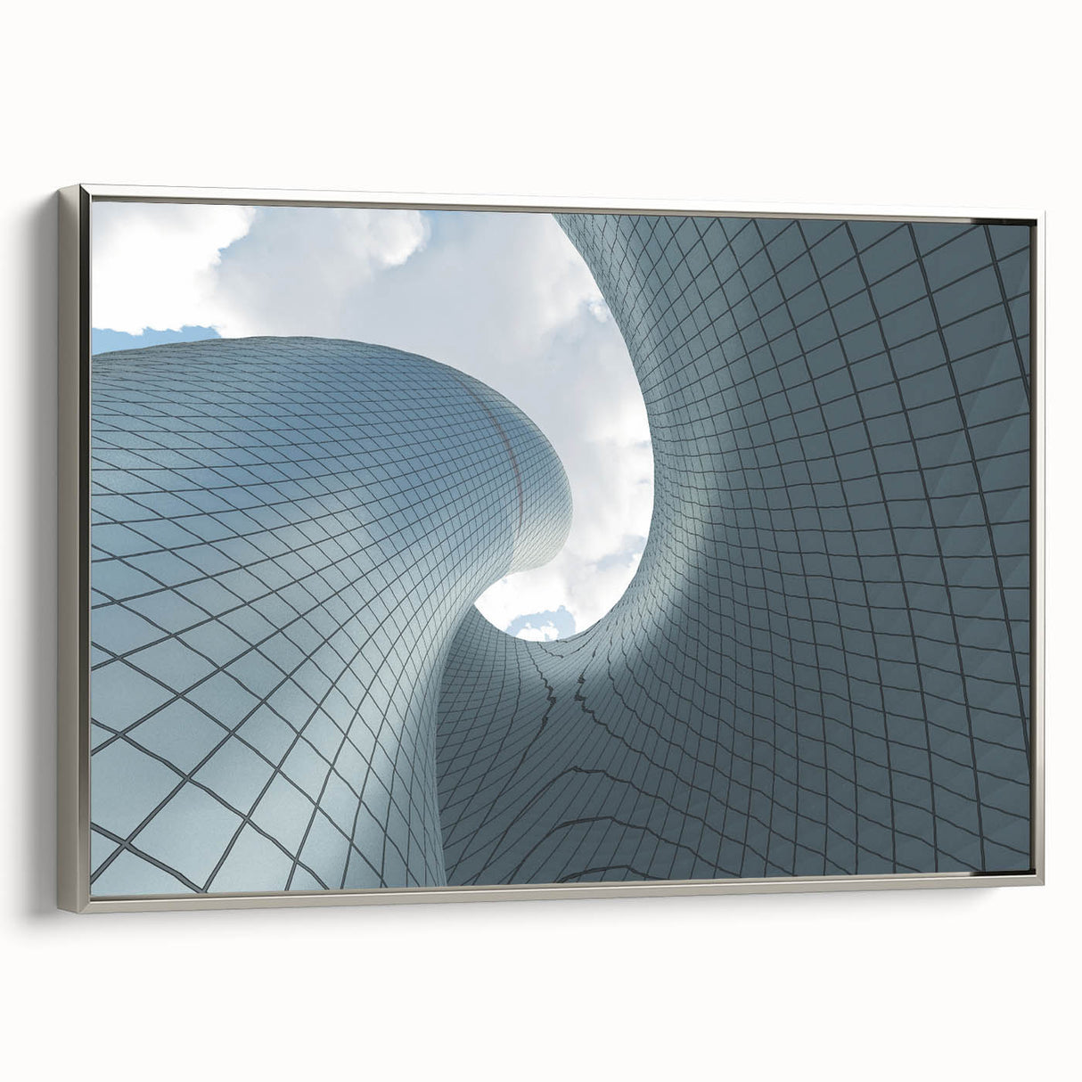 Vintage poster art of a skyscraper, framed canvas in silver, featuring a black and colorful palette.