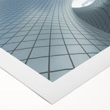 Art deco poster featuring a geometric skyscraper design in monochrome shades on rolled canvas.