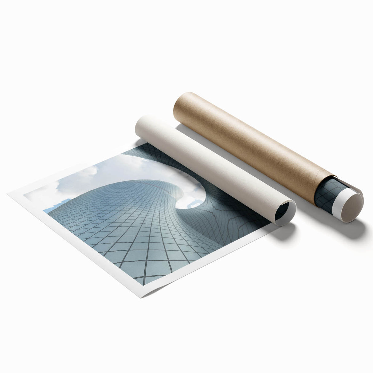 Extra large rolled print of a skyscraper design in muted gray tones, ideal for classy bathroom wall art.