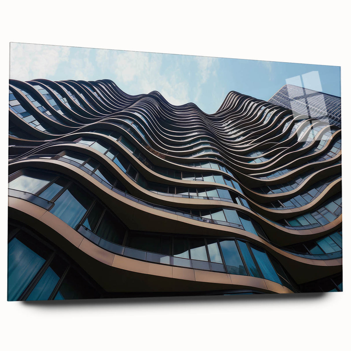 Large abstract wall art featuring a side view of skyscrapers in muted gray tones on acrylic glass.