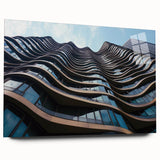 Large abstract wall art featuring a side view of skyscrapers in muted gray tones on acrylic glass.