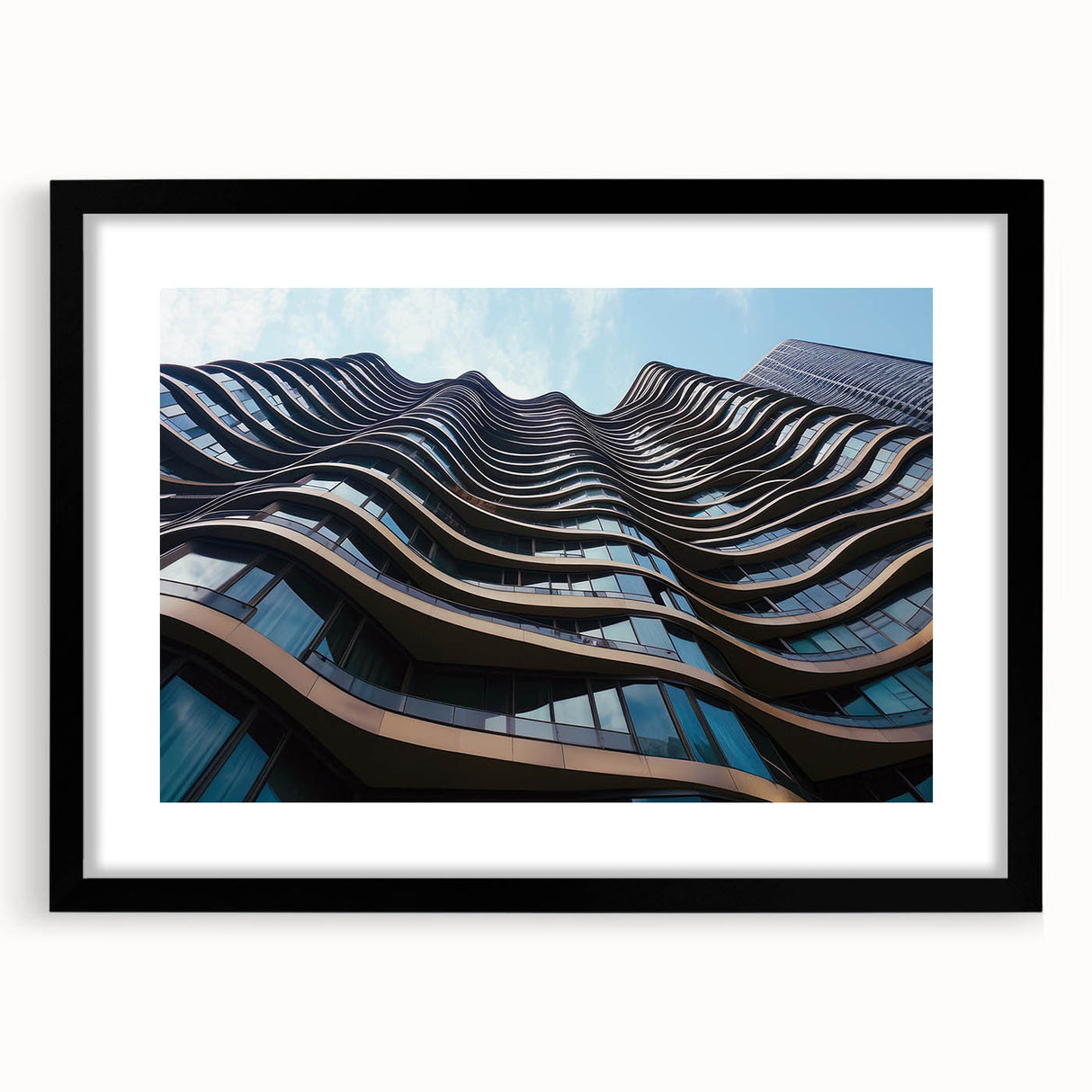 Extra large abstract art print featuring colorful, textured skyscraper designs on a framed canvas.