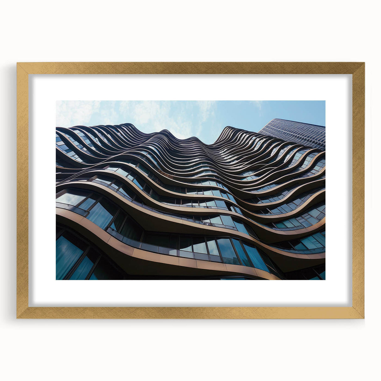 Textured abstract art print of skyscrapers in muted gray tones on a framed canvas, ideal for modern bedroom ambiance.