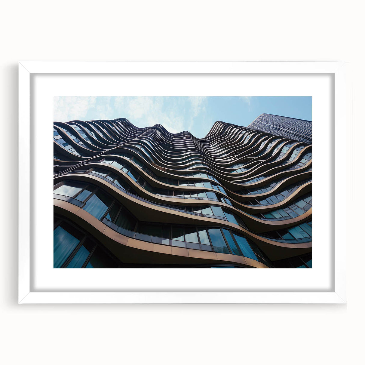 Extra large abstract art print featuring textured skyscraper design in muted gray, framed in white.