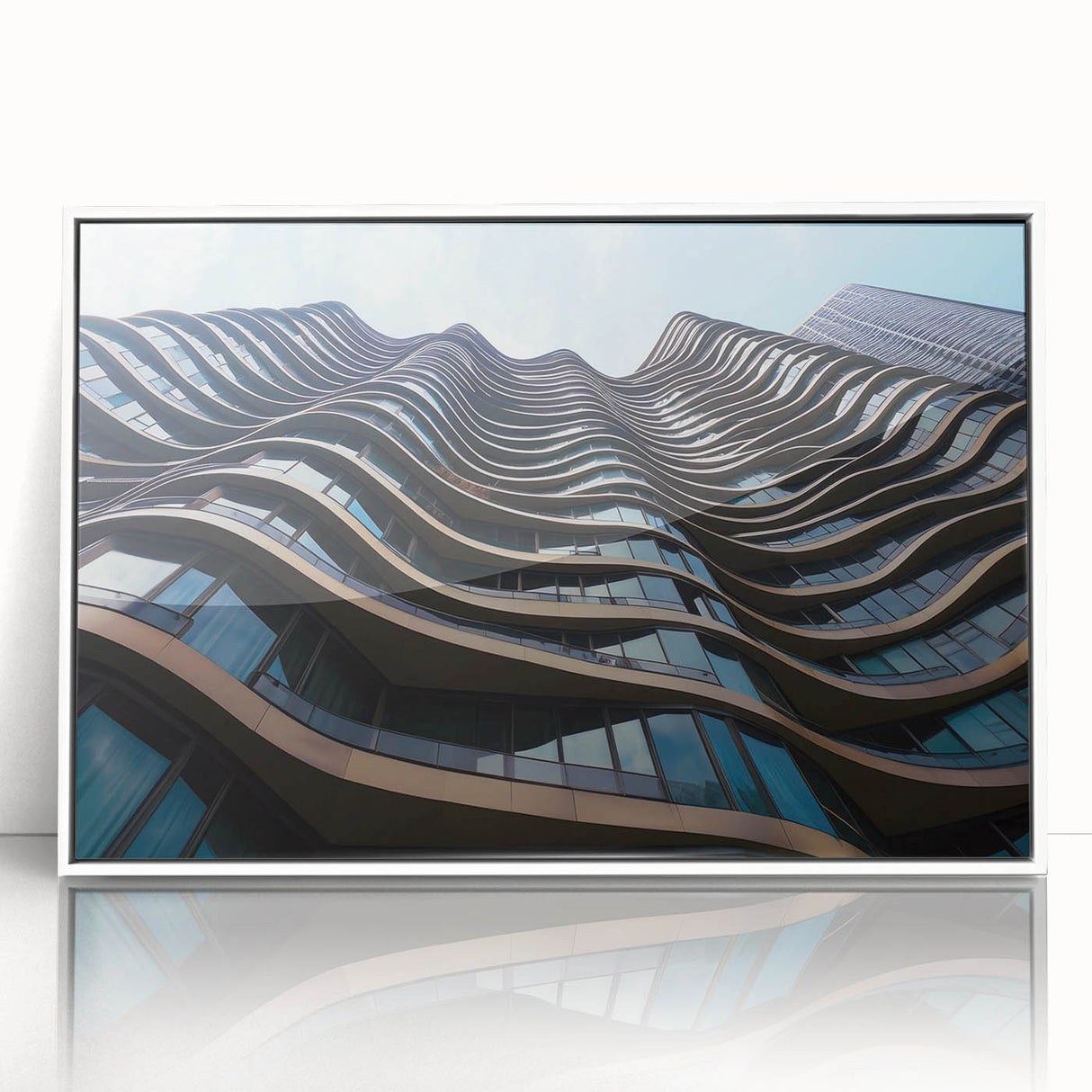 Mid-century modernist skyscraper design in black and white on framed acrylic, suitable for modern art wall decor.