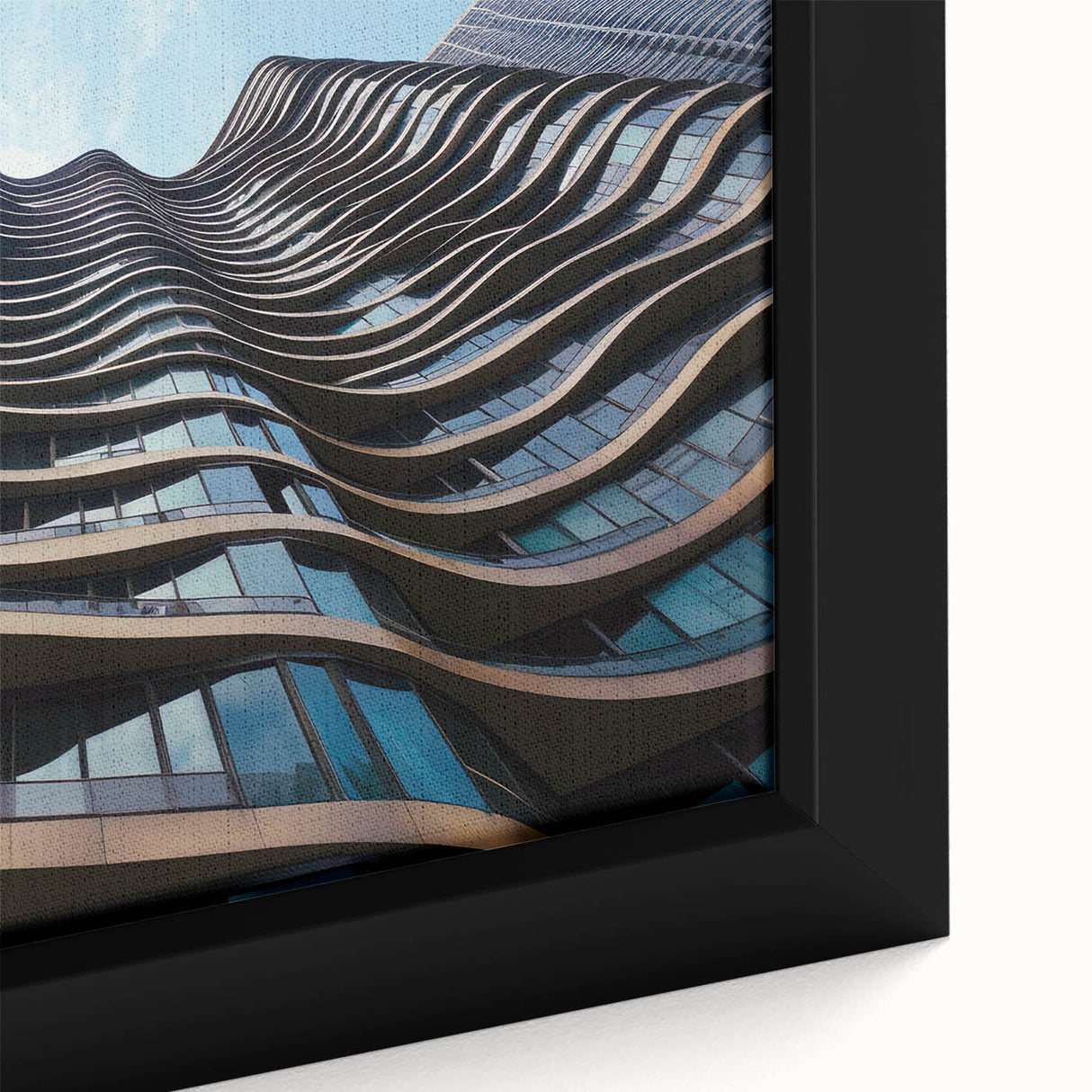 Extra large framed canvas featuring a black skyscraper design with colorful, textured elements, ideal for living room decor.
