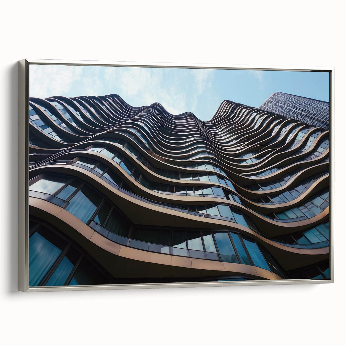 Vintage poster art of skyscrapers in silver frame, featuring a mix of black and vibrant colors on canvas.