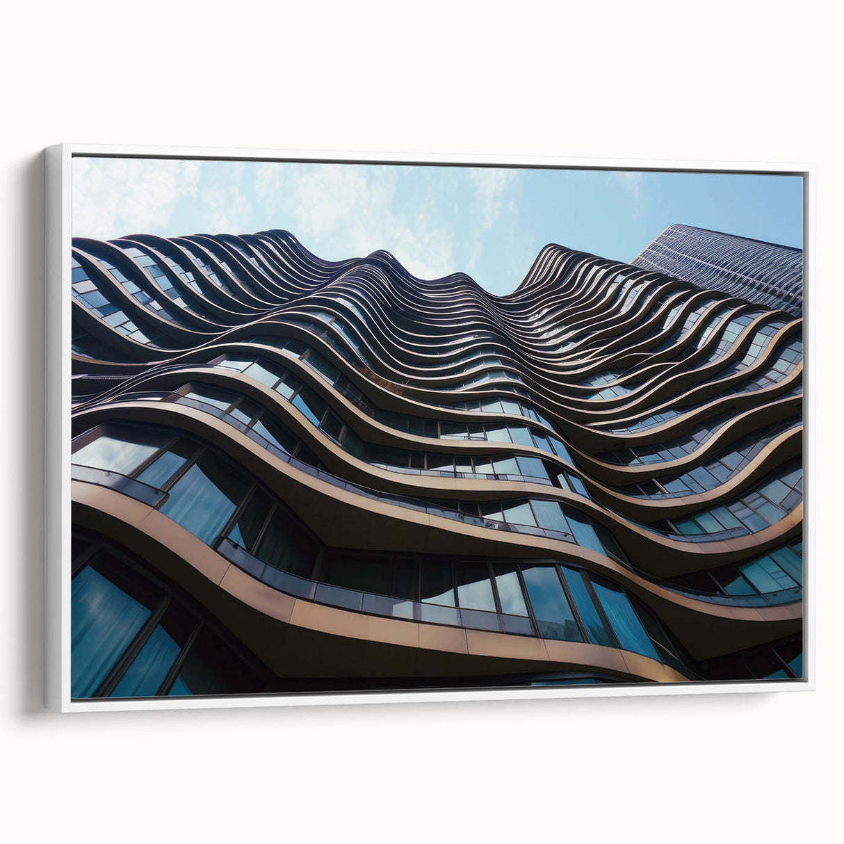 Black and white vintage poster art of skyscrapers on framed canvas, suitable for bedroom wall.